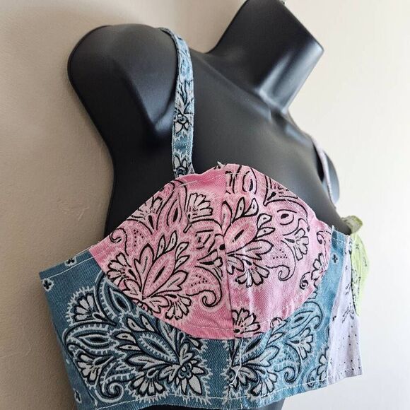 NWT Boohoo Blue Patchwork Denim Bralette Crop Top - Picture 3 of 9